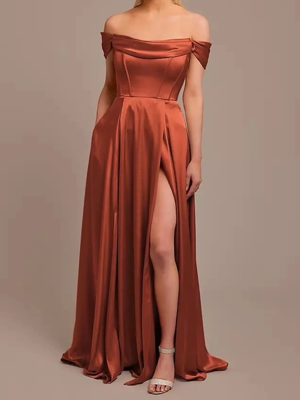 Galina Signature 10 Burnt Orange Satin Off Shoulder Cowl Neck Bridesmaids Dress